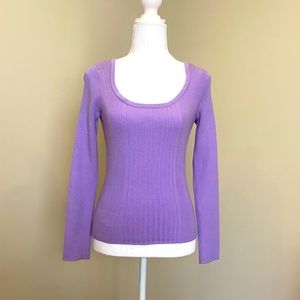 Grape-Purple, Ribbed, Wide Scoop-Neck, Long-Sleeve Sweater